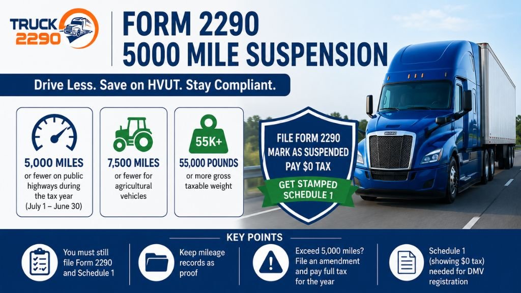 Form 2290 5000 Mile Suspension: How Low-Mileage Vehicles Can Qualify for HVUT Suspension 1 IRS Form 2290 5000 Mile Suspension Rules for 2026